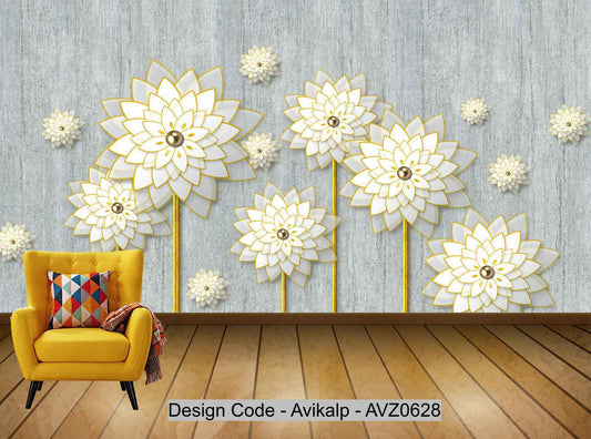 Avikalp Exclusive AVZ0628 Modern Minimalistic Stereo White Floral Tv Background Wall HD 3D Wallpaper
