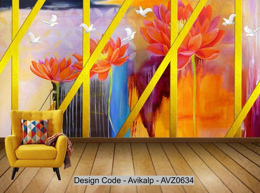Avikalp Exclusive AVZ0634 3D Three Dimensional Embossed Lotus Fresh Watercolor Lotus Leaf Tv Background Wall HD 3D Wallpaper