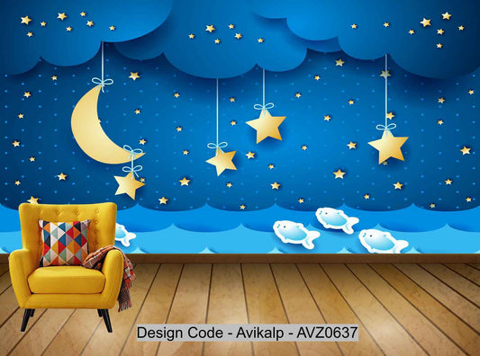 Avikalp Exclusive AVZ0637 Cartoon Dreamy Night Starry Sky Children's Room Tv Background Wall HD 3D Wallpaper