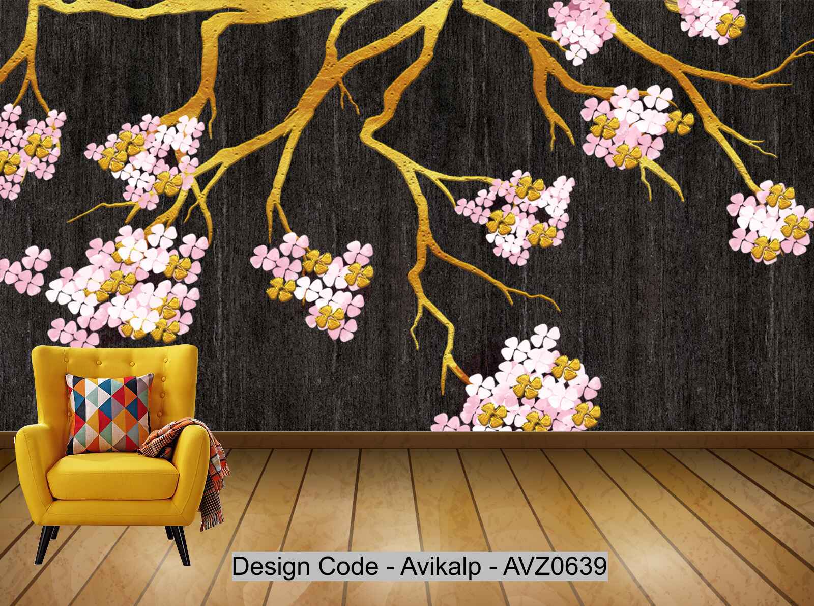 Avikalp Exclusive AVZ0639 Modern Minimalist Golden Floral Texture Tv Background Wall HD 3D Wallpaper