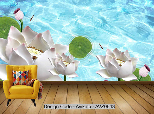Avikalp Exclusive AVZ0643 White Jade Lotus Lotus Leaf Landscape Scenery Background Wall HD 3D Wallpaper