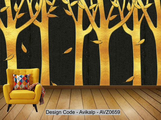 Avikalp Exclusive AVZ0659 Modern Minimalist Geometric Three Dimensional Golden Texture Wood Tv Background Wall HD 3D Wallpaper
