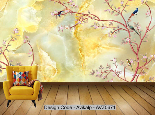 Avikalp Exclusive AVZ0671 New Chinese Flower And Bird Ink Landscape Hd Marble Tv Background Wall HD 3D Wallpaper