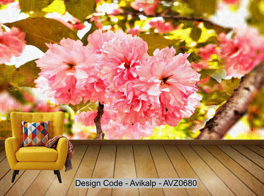 Avikalp Exclusive AVZ0680 Modern Realistic Oil Painting Red Cherry Blossom Living Room Wall HD 3D Wallpaper