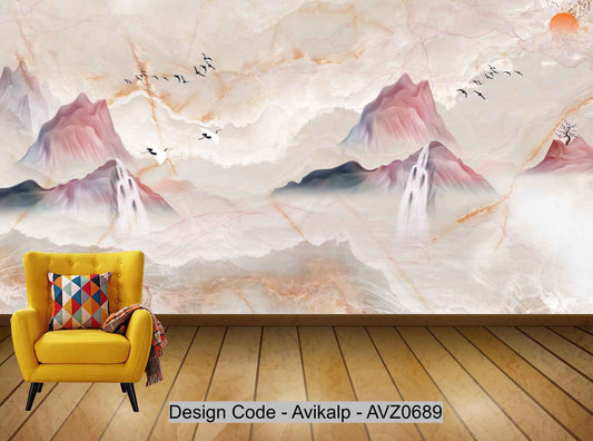 Avikalp Exclusive AVZ0689 New Chinese Style Beautiful Landscape 3D HD Marble Tv Background Wall HD 3D Wallpaper