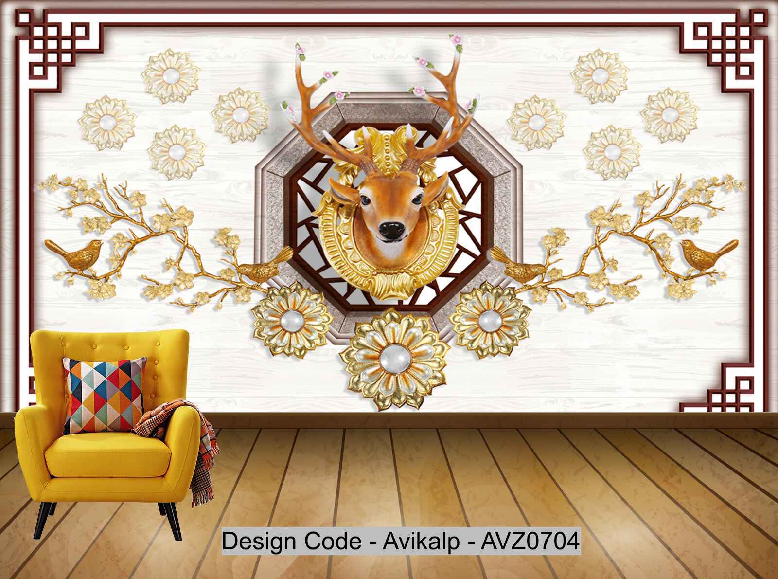 Avikalp Exclusive AVZ0704 European Pattern Embossed Lace Modern Gold Deer Head Background Wall HD 3D Wallpaper