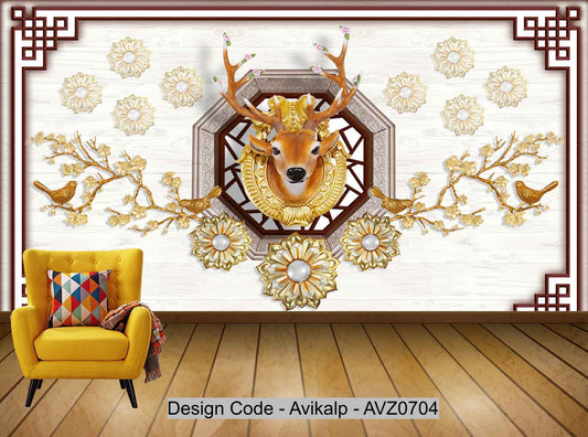 Avikalp Exclusive AVZ0704 European Pattern Embossed Lace Modern Gold Deer Head Background Wall HD 3D Wallpaper
