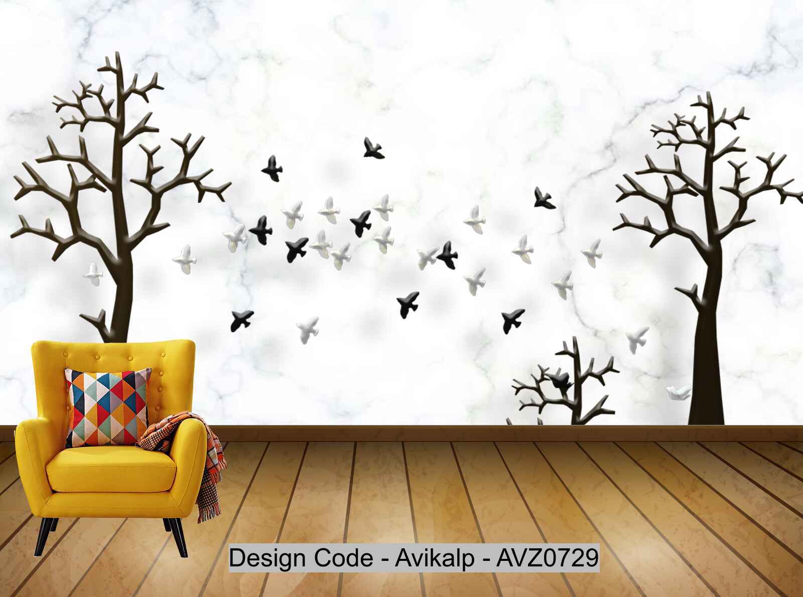 Avikalp Exclusive AVZ0729 Nordic Simple Embossed Branches Flying Birds Tv Background Wall HD 3D Wallpaper