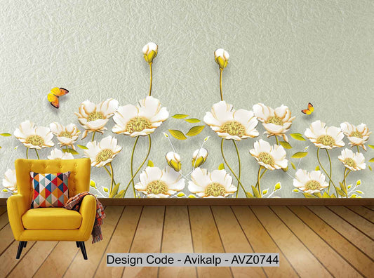 Avikalp Exclusive AVZ0744 Modern Minimalist 3D Embossed Flowers Tv Background Wall HD 3D Wallpaper