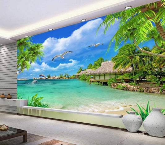 Avikalp Exclusive AWZ0006 Beach Sea View Coconut Trees Scenery HD 3D Wallpaper