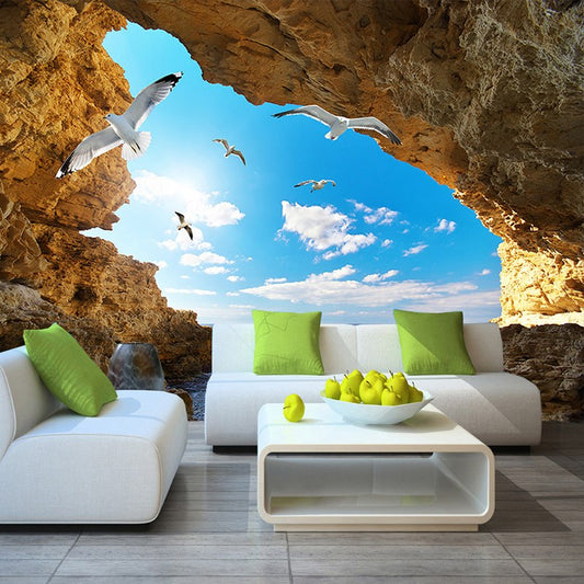 Avikalp Exclusive AWZ0011 Blue Sky White Clouds Seagulls Cave HD 3D Wallpaper