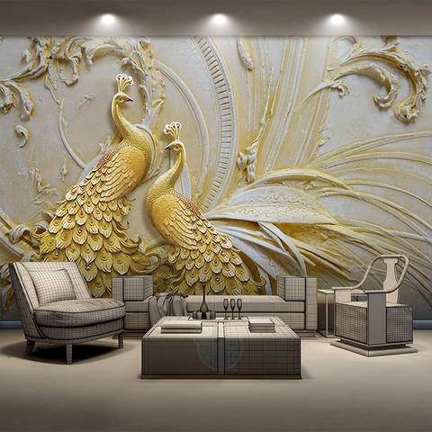 Avikalp Exclusive AWZ0099 Stereoscopic Embossed Style Golden Peacock  HD 3D Wallpaper