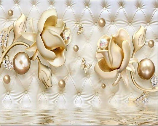Avikalp Exclusive AWZ0137 3d Wallpapers Luxury Gold Roses Soft Bag Ball Jewelry Tv Background Wall Living Room Bedroom HD 3D Wallpaper