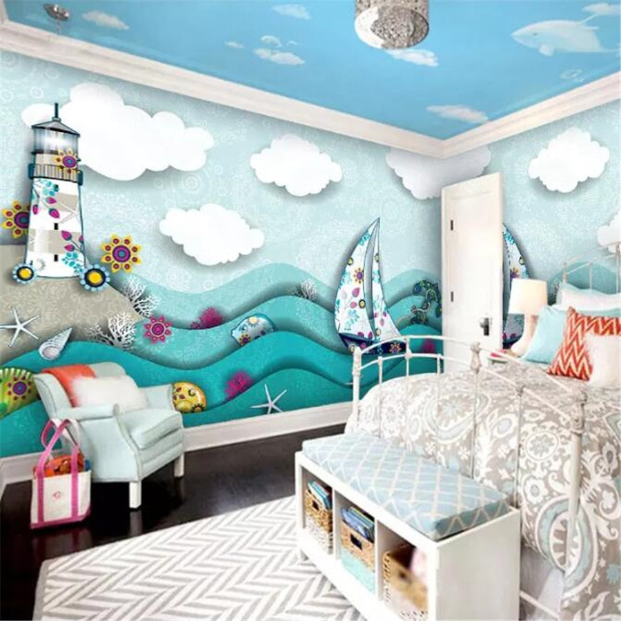 Avikalp Exclusive AWZ0158 3d Cartoon Drawing Blue Sky White Clouds Sea Sailing Fish Children HD 3D Wallpaper