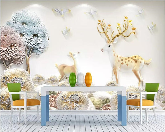 Avikalp Exclusive AWZ0162 3d Wallpaper Modern Embossed Big Tree Elk Bird Luxury Living Room Wall Decoration HD 3D Wallpaper