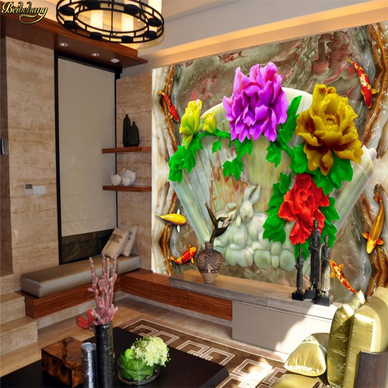 Avikalp Exclusive AWZ0231 3D wallpaper mural colorful peony flower jade carving background HD 3D Wallpaper