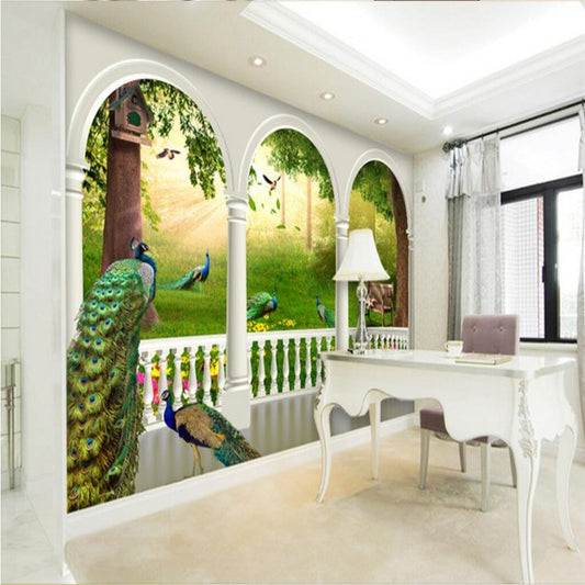 Avikalp Exclusive AWZ0238 3D Wallpaper Mural Stick Magic 3d Forest Peacock Bird Nest Palace Garden TV HD 3D Wallpaper
