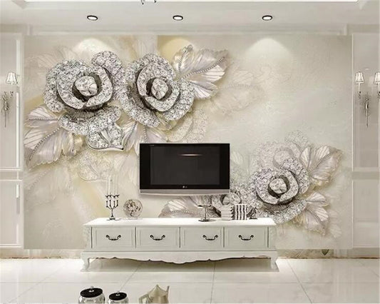 Avikalp Exclusive AWZ0269 3d Wallpaper 3d Mural Silver Diamond Rose Satin 3d Stereo Jewelry Tv Background HD 3D Wallpaper