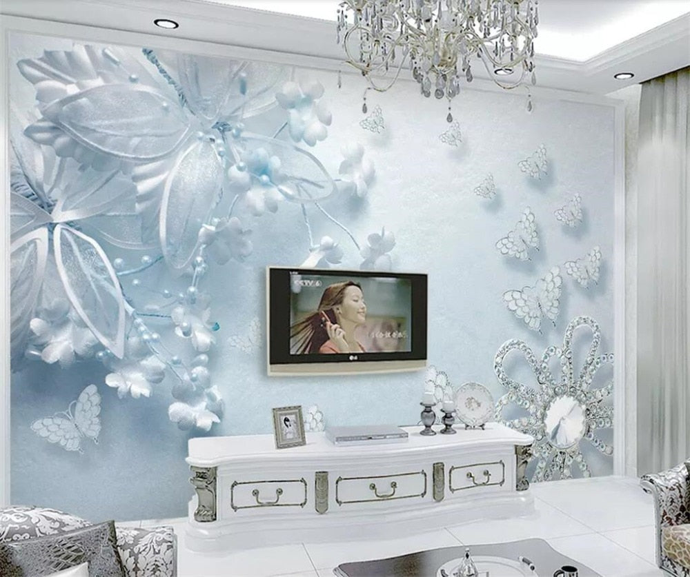 Avikalp Exclusive AWZ0289 3d Wallpaper Murals Pure Beauty Blue Flowers Butterfly Tv Backdrop HD 3D Wallpaper