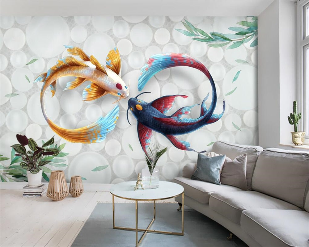 Avikalp Exclusive AWZ0311 3d Wallpaper Hand Painted Modern Stylish Watercolor Koi Fish Fresco Tv Couch Background HD 3D Wallpaper