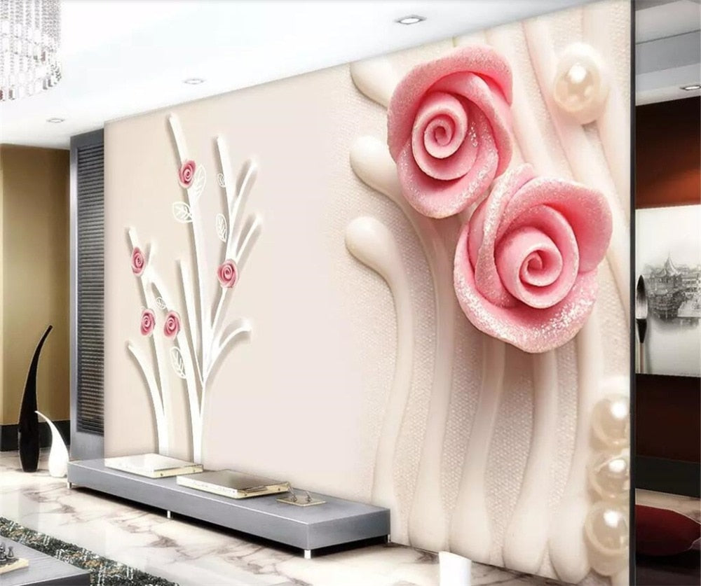 Avikalp Exclusive AWZ0320 3D Wallpaper Mural Pink Rose Stereo Branches Pearl Jewelry HD 3D Wallpaper