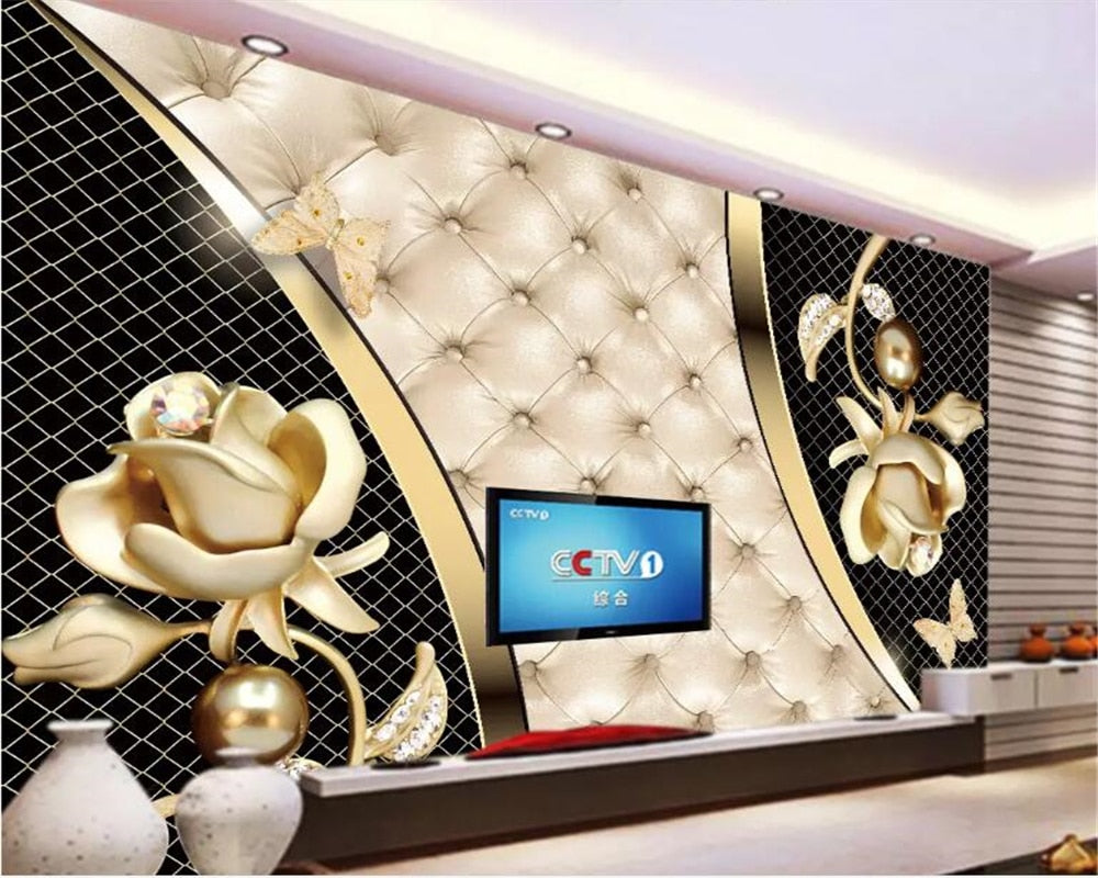 Avikalp Exclusive AWZ0322 3D Wallpaper Mural Luxury Atmosphere Black Gold Jewelry Rose Living Room Sofa Tv Background HD 3D Wallpaper