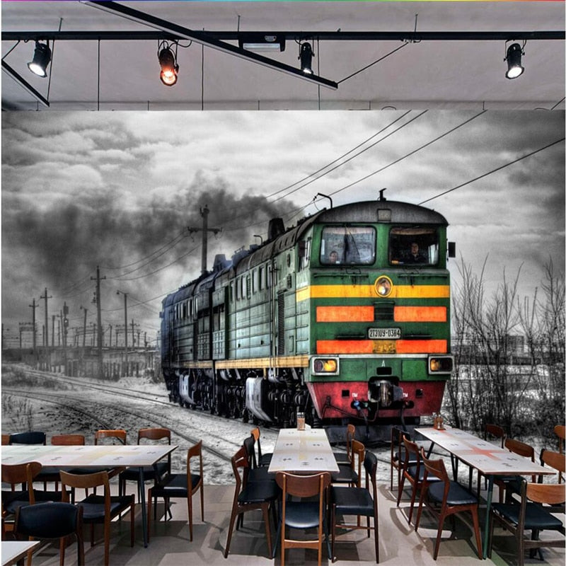 Avikalp Exclusive AWZ0356 3D Wallpapers Mural Retro Tale Black And White Steam Train Cafe Bar Mural Background HD 3D Wallpaper