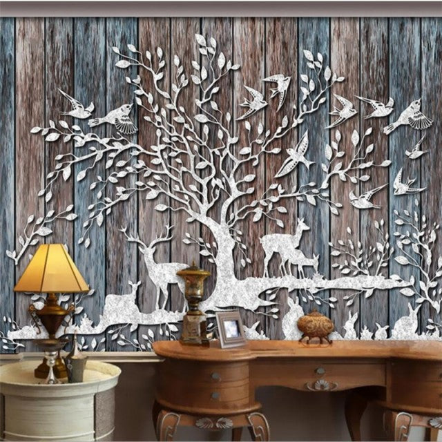 Avikalp Exclusive AWZ0372 3D Wallpaper 3D Fresco Wooden Deer Retro Wood HD 3D Wallpaper