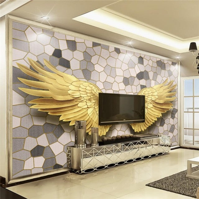Avikalp Exclusive AWZ0375 3D Wallpaper Scandinavian Modern Gold Angel Wings Mosaic Stone Pattern HD 3D Wallpaper