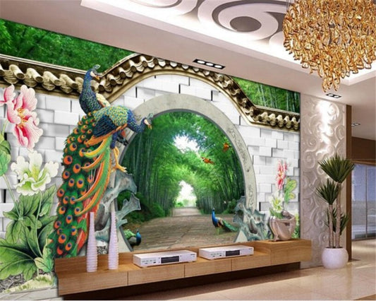 Avikalp Exclusive AWZ0395 3D Wallpaper Fantasy 3D Spring Bamboo Forest Arches Brick Wall Peacock Peony HD 3D Wallpaper