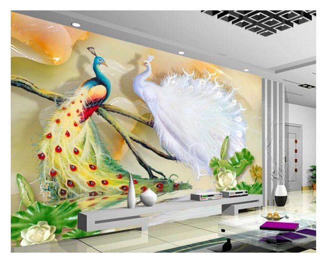 Avikalp Exclusive AWZ0408 3D Wallpaper Jade Carving Lotus Peacock Background HD 3D Wallpaper