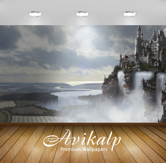 Avikalp Exclusive Awi1294 Castle Waterfall Full HD Wallpapers for Living room, Hall, Kids Room, Kitc