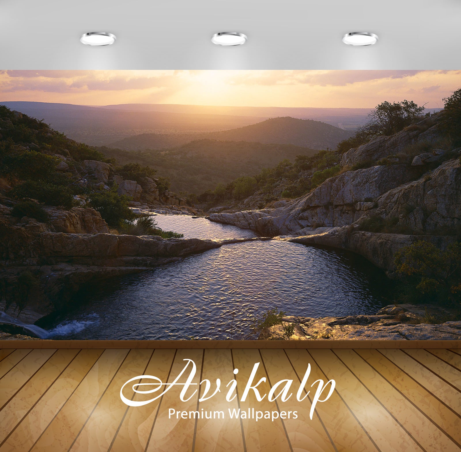 Avikalp Exclusive Awi1617 Sunrise Mountains Waterfall Full HD Wallpapers for Living room, Hall, Kids