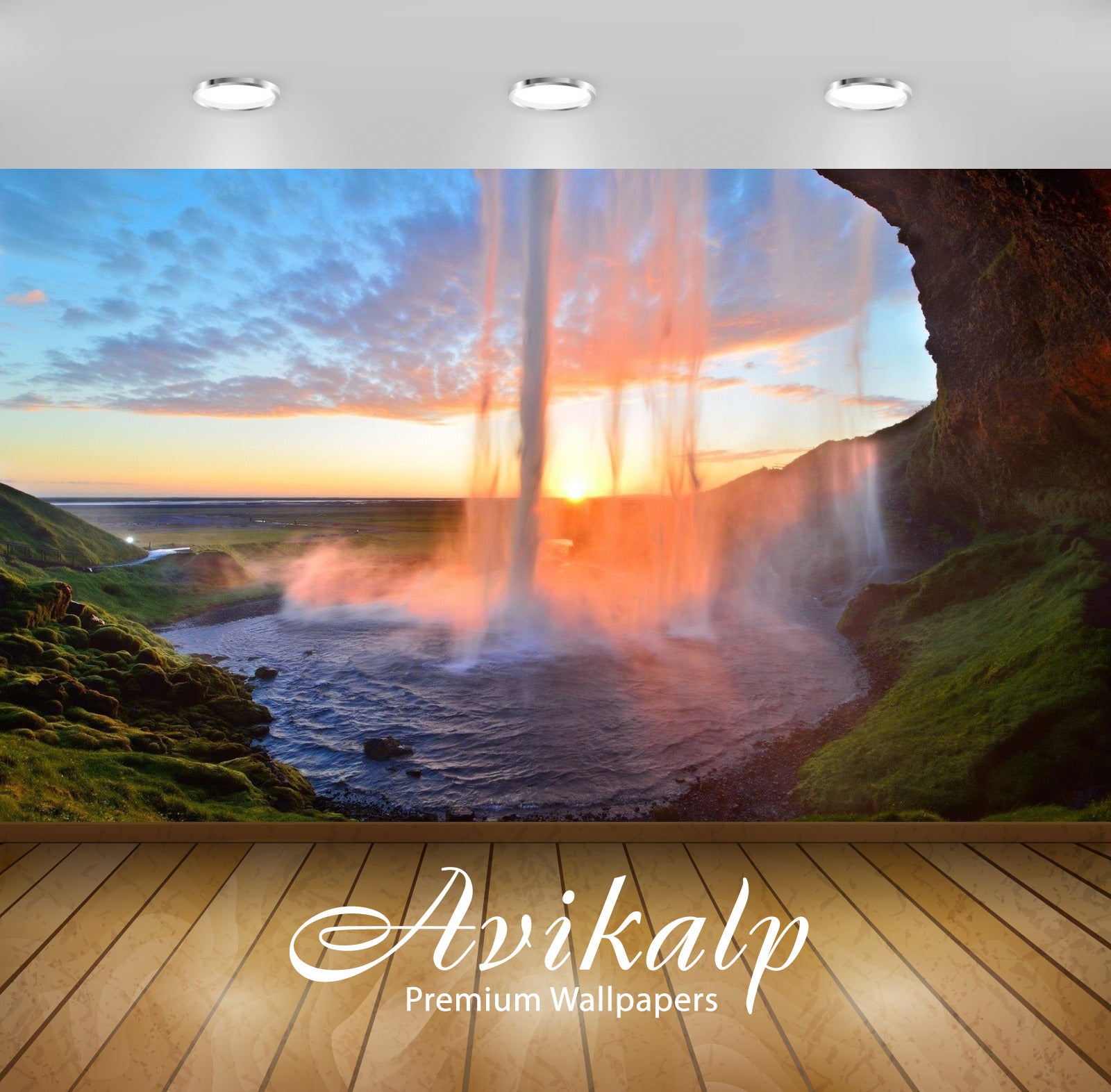 Avikalp Exclusive Awi1818 Beautiful Waterfall In Sunset Full HD Wallpapers for Living room, Hall, Ki