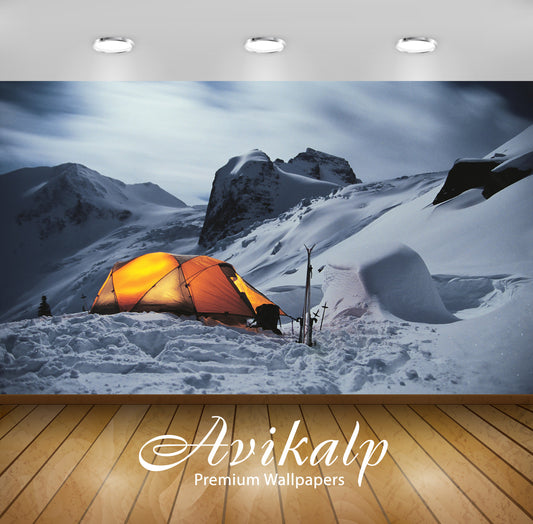 Avikalp Exclusive Awi1929 Camping On Snowy Mountains Full HD Wallpapers for Living room, Hall, Kids