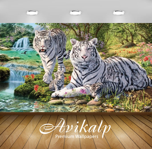 Avikalp Exclusive Awi2033 Animals White Tiger And Cubs Jungle Waterfall  Full HD Wallpapers for Livi