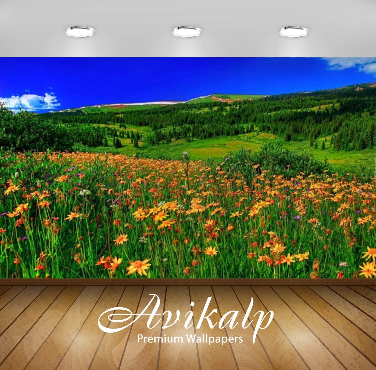 Avikalp Exclusive Awi2149 Spring Mountain Flowers Meadow With Green Grass Forest With Pine Trees Cle