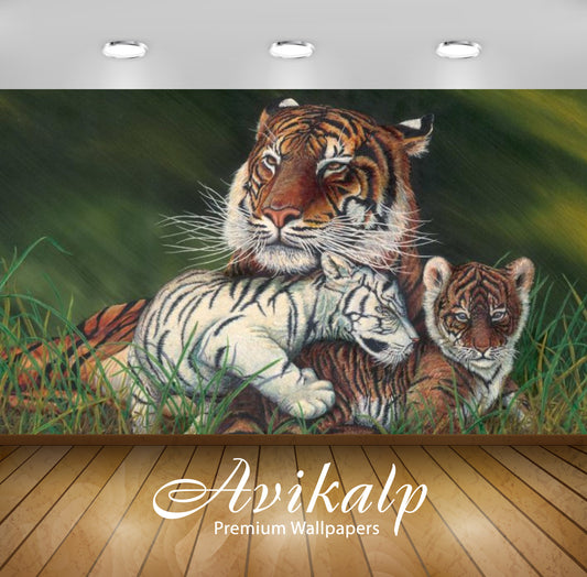Avikalp Exclusive Awi2156 Tiger And Cubs  Full HD Wallpapers for Living room, Hall, Kids Room, Kitch