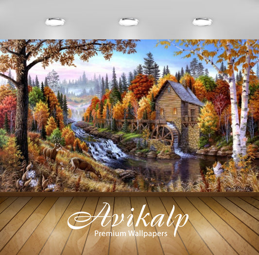 Avikalp Exclusive Awi2178 Beautiful landscape art nature trees river mill deer Full HD Wallpapers fo