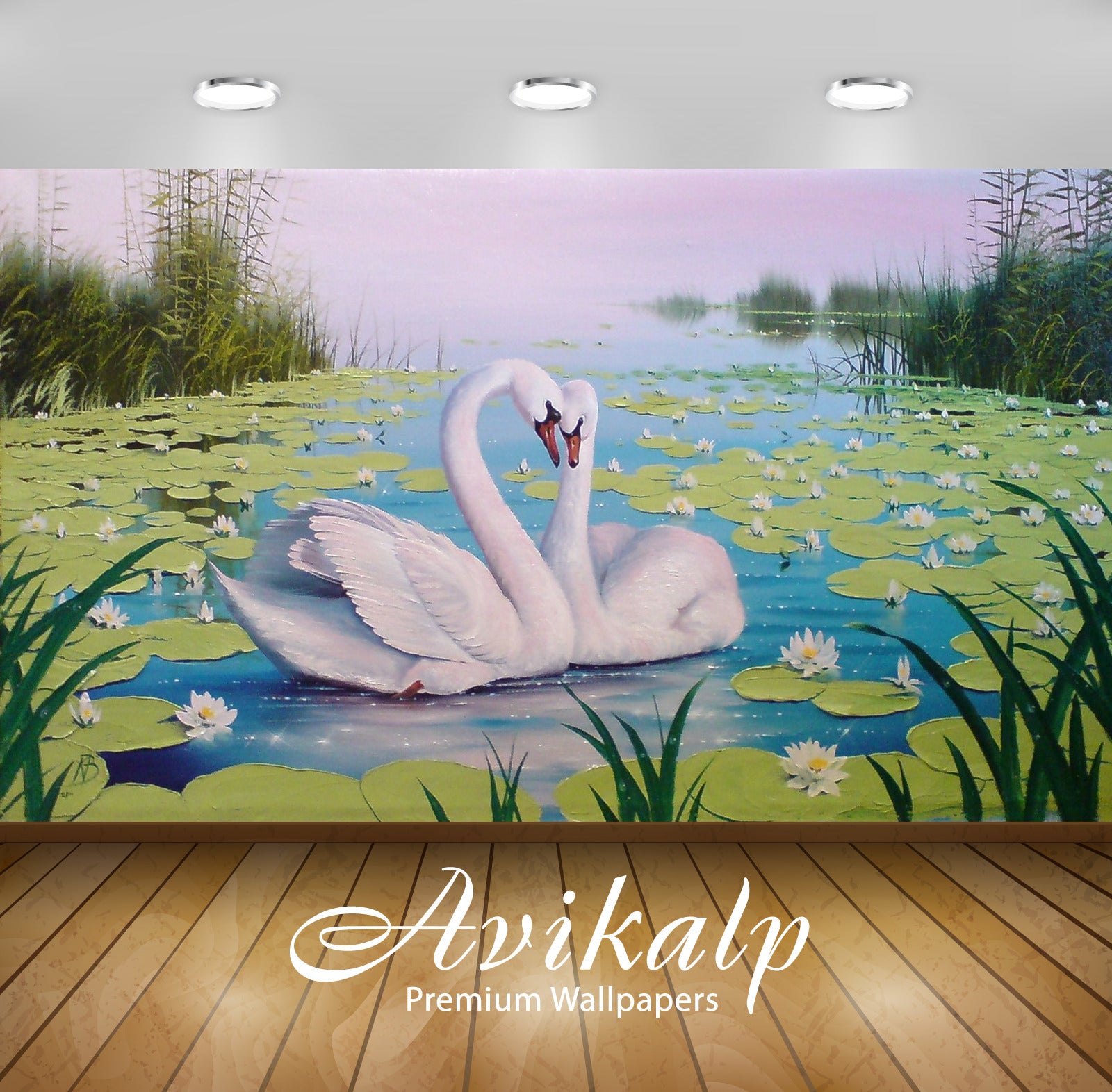 Avikalp Exclusive Awi2242 Swan lake color lotus reeds Full HD Wallpapers for Living room, Hall, Kids