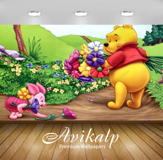 Avikalp Exclusive Awi2319 Winnie The Pooh and Piglet Harvesting of mountain flowers bouquet of flowe