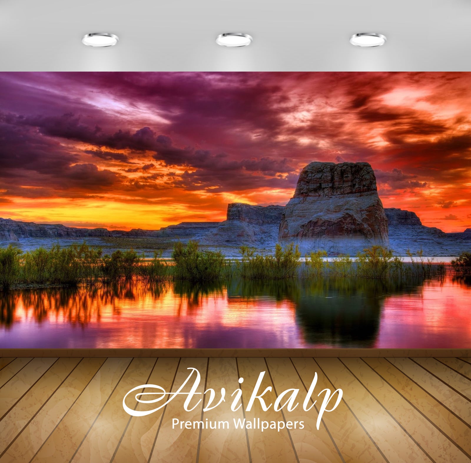 Avikalp Exclusive Awi2385 Arizona Sunset Scenery Lake Rocky Mountains Orange Clouds Reflection In Wa
