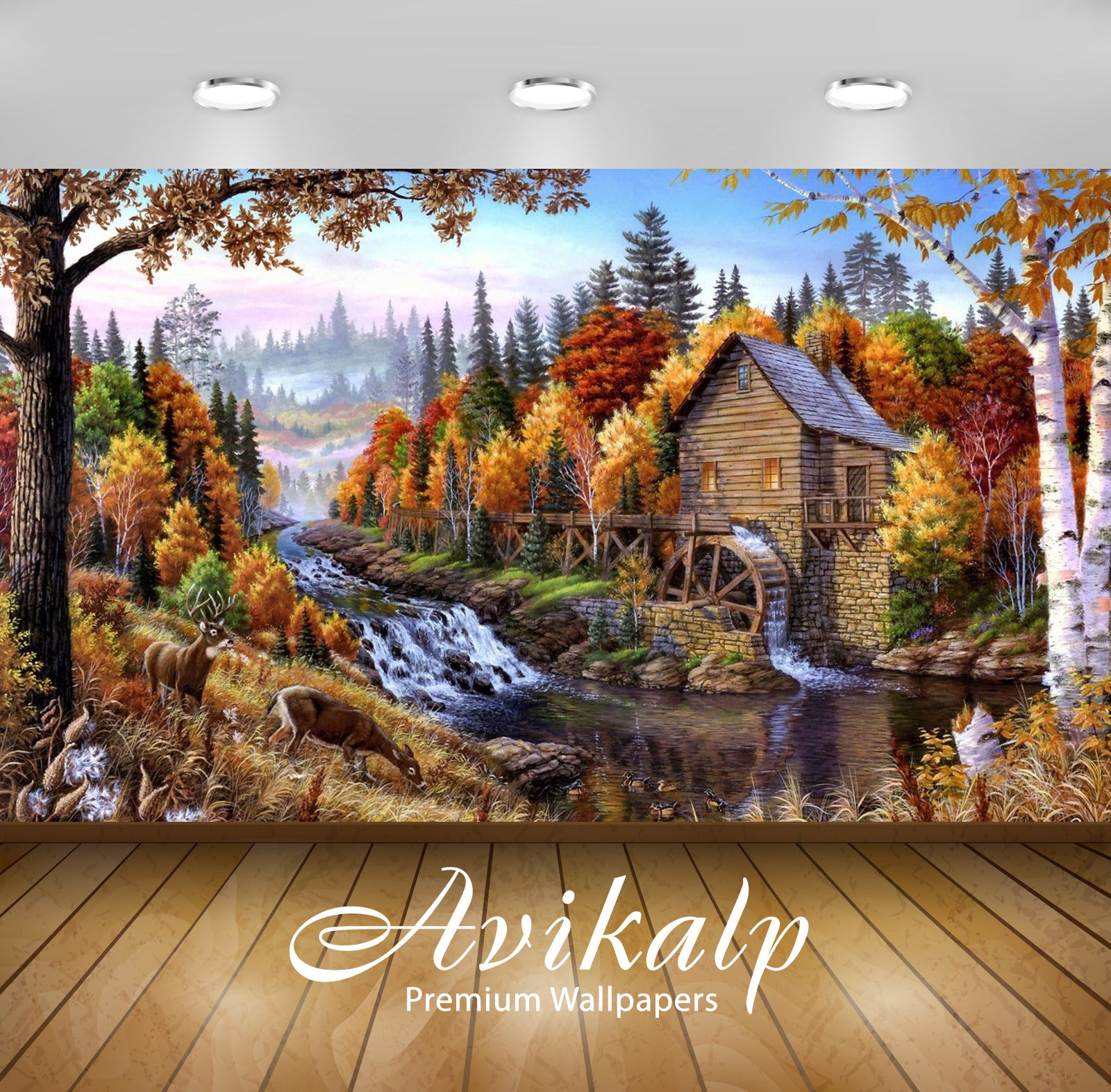 Avikalp Exclusive Awi2613 Fall Mill Wooden Mountain River Waterfall Forest With Pine Trees Deer Art