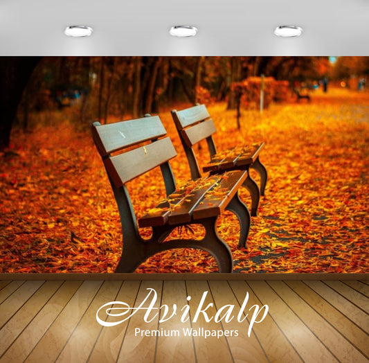 Avikalp Exclusive Awi2614 Fall Orange Autumn Leaves Park With Benches Full HD Wallpapers for Living
