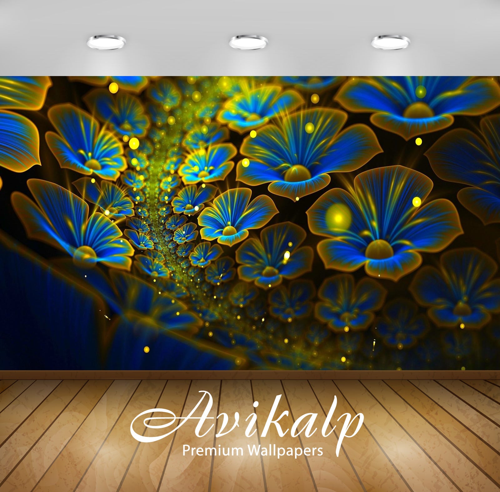 Avikalp Exclusive Awi2673 Glowing Flowers Blue Yellow Full HD Wallpapers for Living room, Hall, Kids