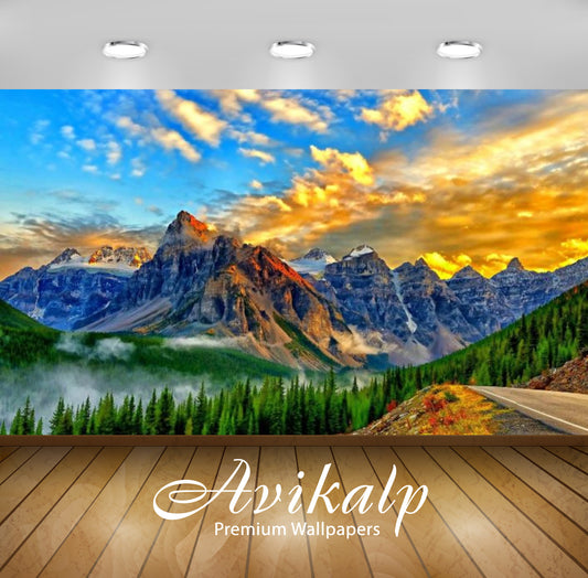 Avikalp Exclusive Awi2677 Golden Sky Landscape Path Rocky Mountains Forest Banff National Park Alber