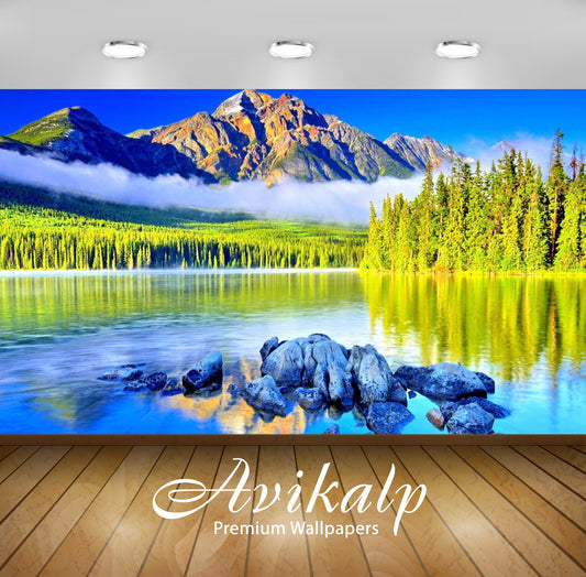 Avikalp Exclusive Awi2684 Green Landscape Mountains Green Pine Forest Fog Taggart Lake Blue Water Ro