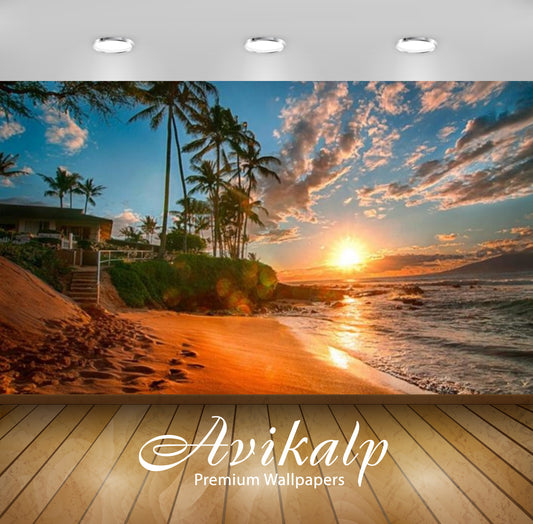 Avikalp Exclusive Awi2702 Hawaii Exotic Sea Sand Beach Palms Green Sky With White Cloud Sunset Full