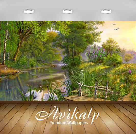Avikalp Exclusive Awi2713 Herons River Birds Painting Full HD Wallpapers for Living room, Hall, Kids