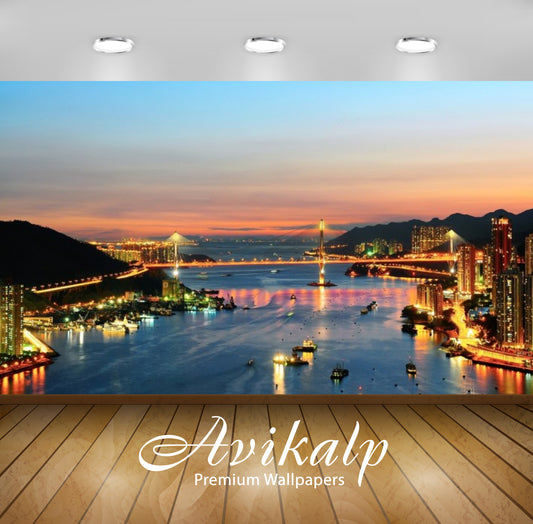 Avikalp Exclusive Awi2717 Hongkong City At Night Full HD Wallpapers for Living room, Hall, Kids Room